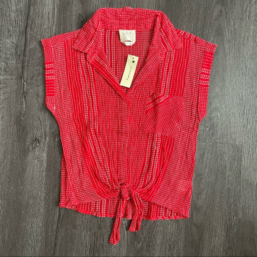 NEW Harper Heritage Boho Embroidered Red short sleeves Tie Front Button Down XS